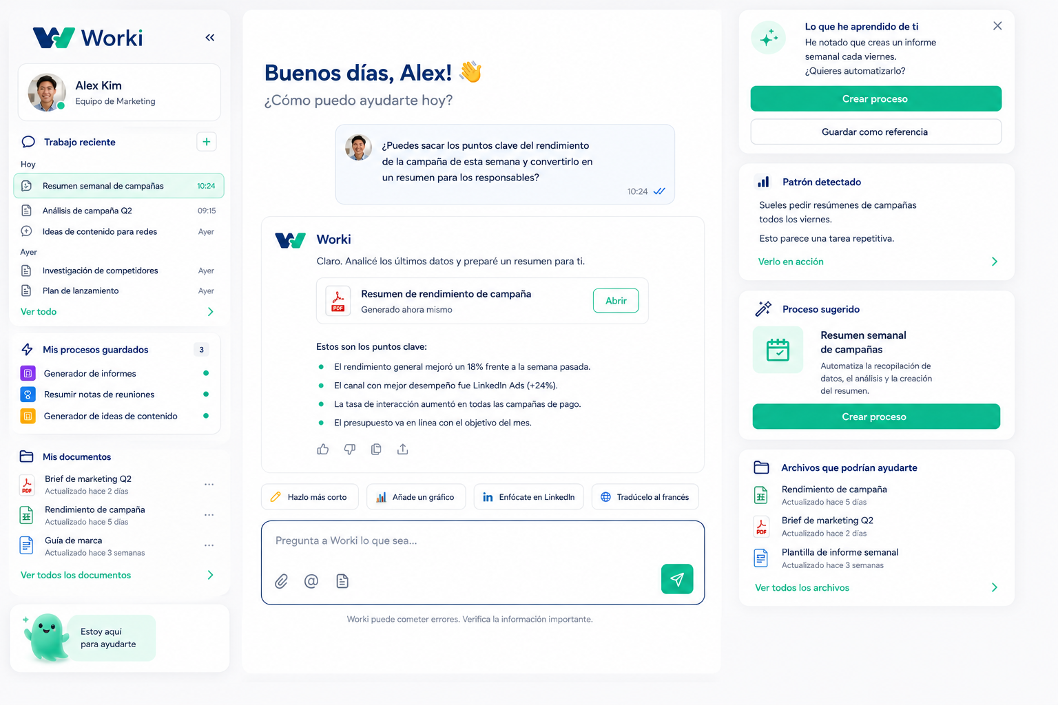 Vista previa de Worki aprendiendo procesos y generando informes